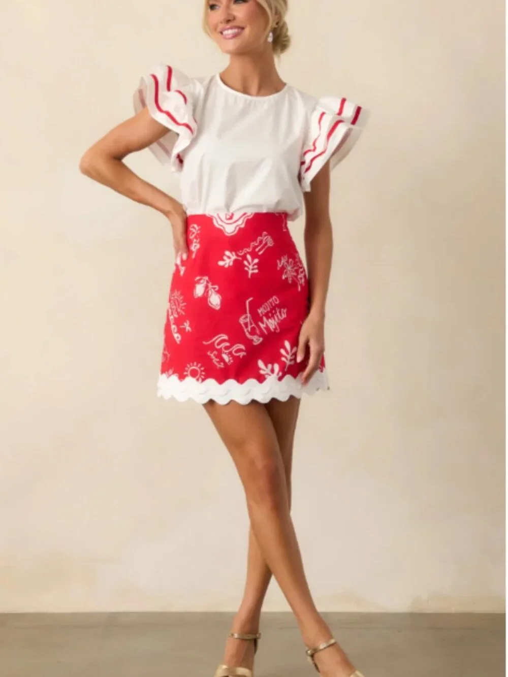 Prosperina Salome Red Mojito Print Scallop Mini Skirt Linen Medium NWT - Picture 5 of 10
